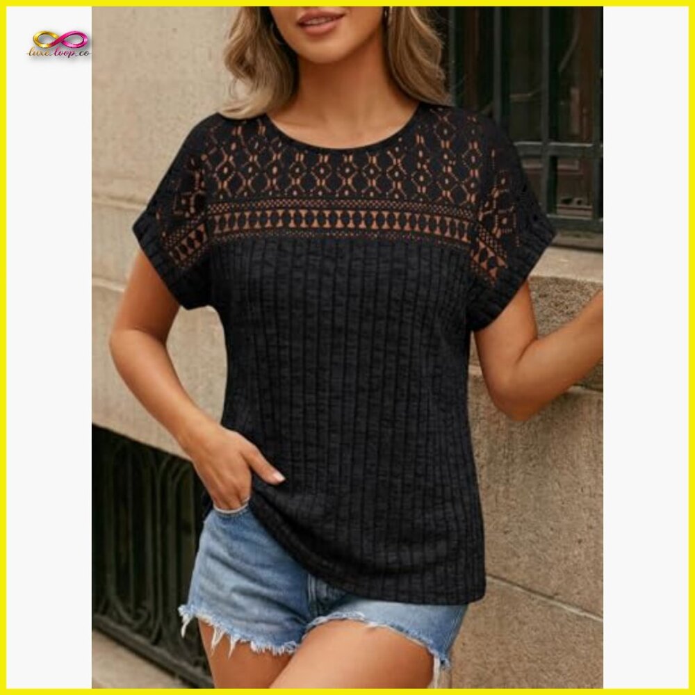 Lace Trim Tunic Top Loose Fit Short Sleeve Elegant Business Casual Spring Summer - Picture 6 of 6